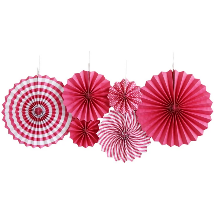 Bright Pink Paper Fans - 6 Pieces