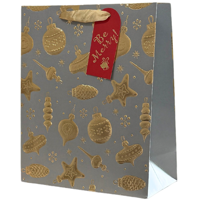 Gray and Gold Embossed Christmas Ornament Medium Gift Bag