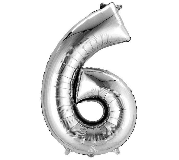 Number 6 Silver 34" Mylar Balloon