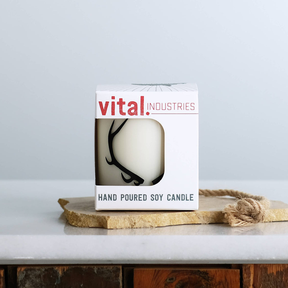 Mountain Pine Scented Antler Soy Candle w/ 20K Gold Screen Print