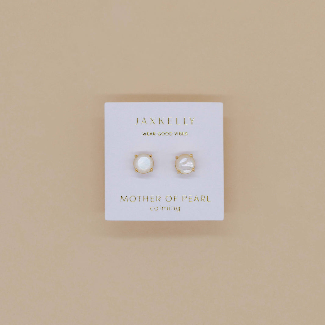 Round - Mother of Pearl Gemstone - Gold Earrings