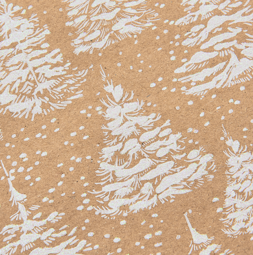 White Glitter Trees on Kraft Christmas Wrapping Paper