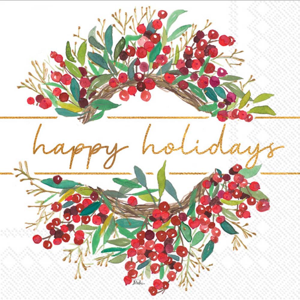 Happy Holidays Wreath Paper Cocktail Napkins - 20CT