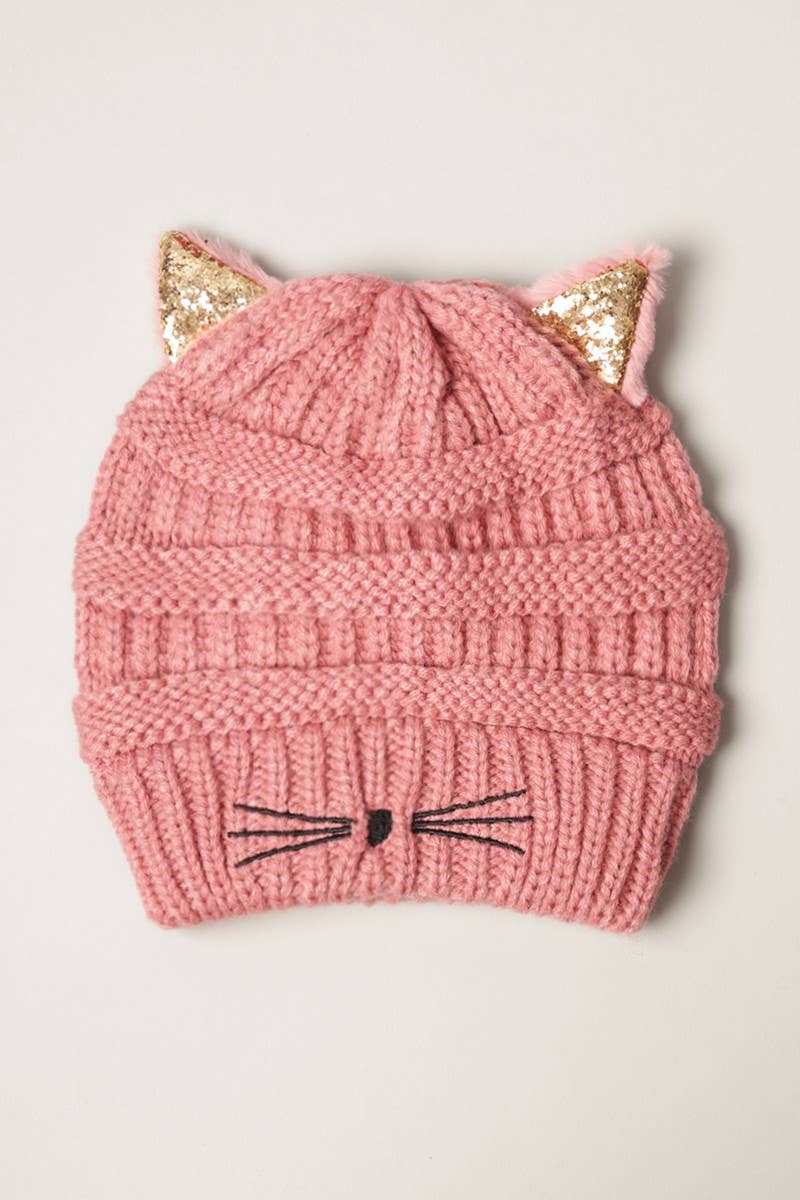 Kids Cat Twinkle Ear Winter Beanie Hat: DUST PINK / ONE SIZE