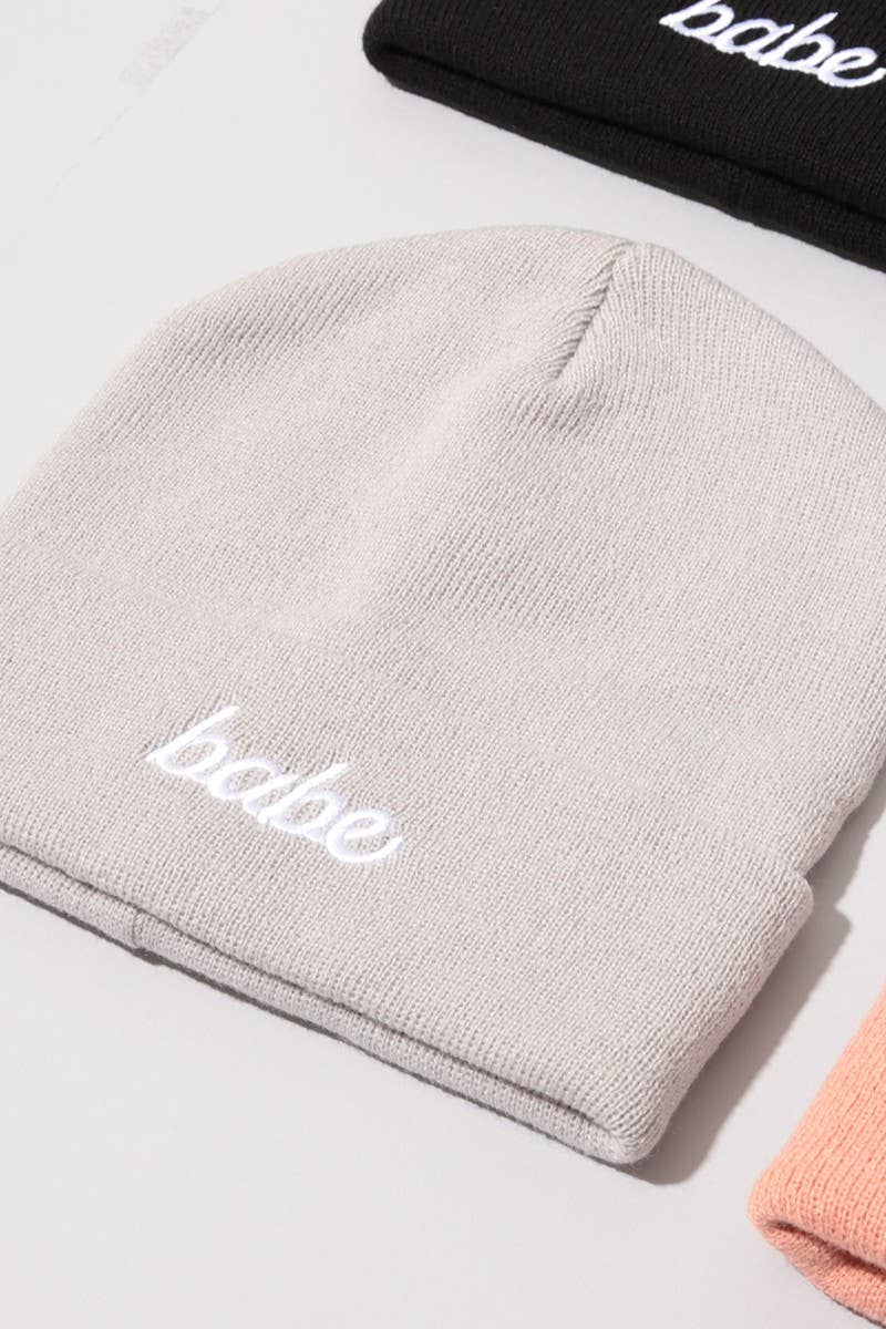 Babe Embroidery Grey Solid Cuffed Beanie