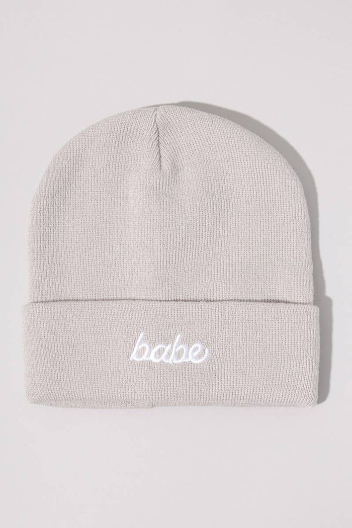 Babe Embroidery Grey Solid Cuffed Beanie