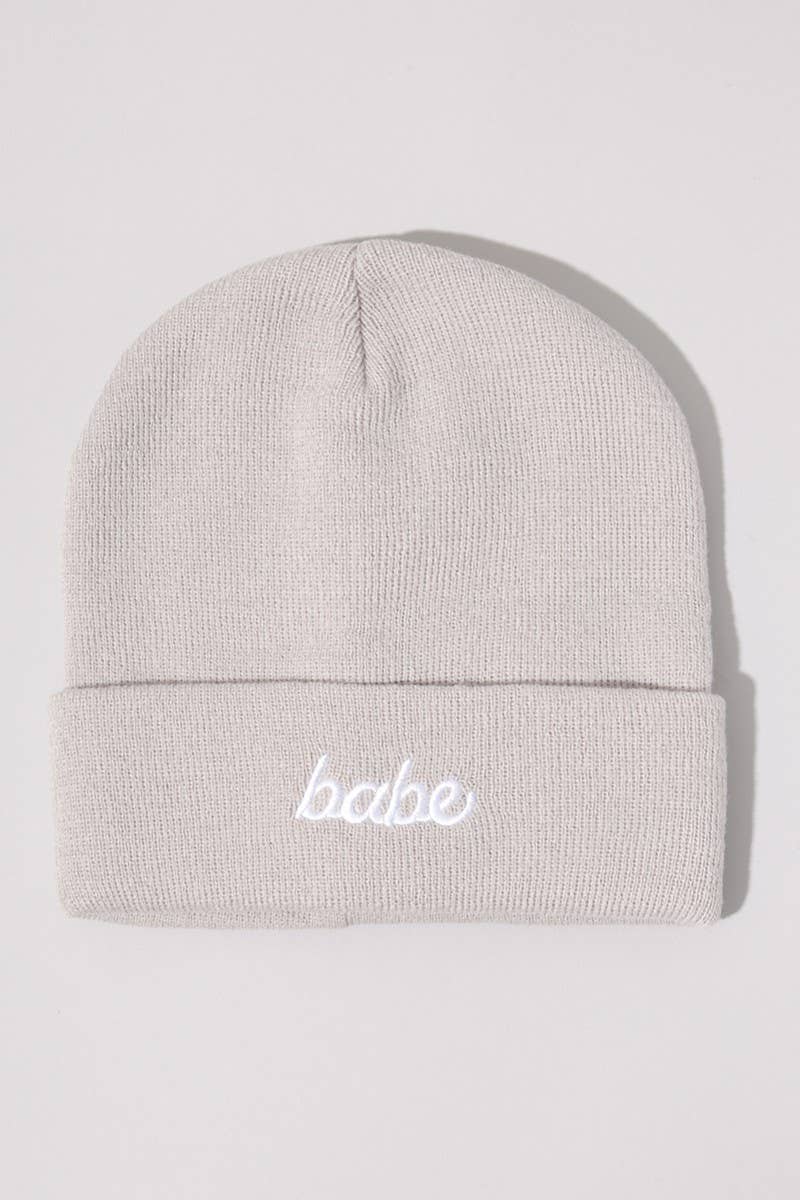 Babe Embroidery Grey Solid Cuffed Beanie