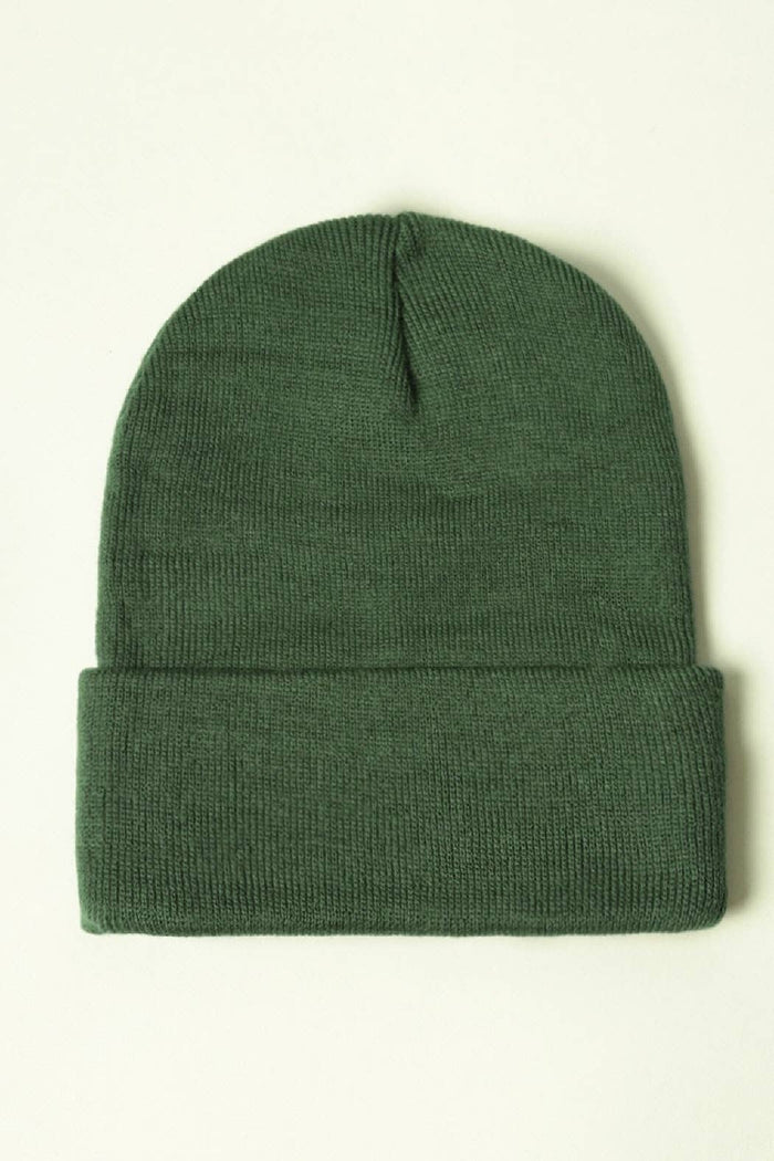 Winter Solid Color Cuff Knitted Beanie Hat: Dark Green / One Size
