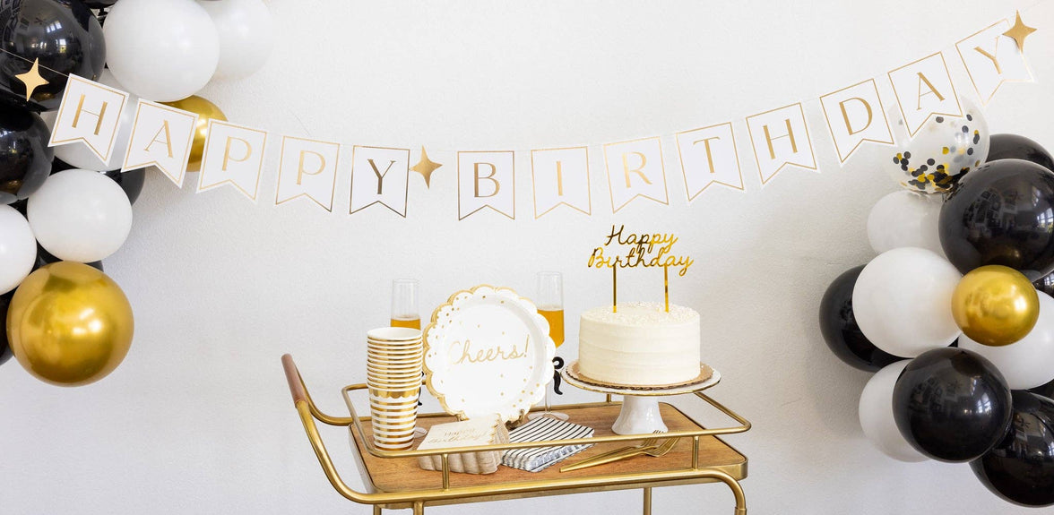 Gold and White Happy Birthday Banner