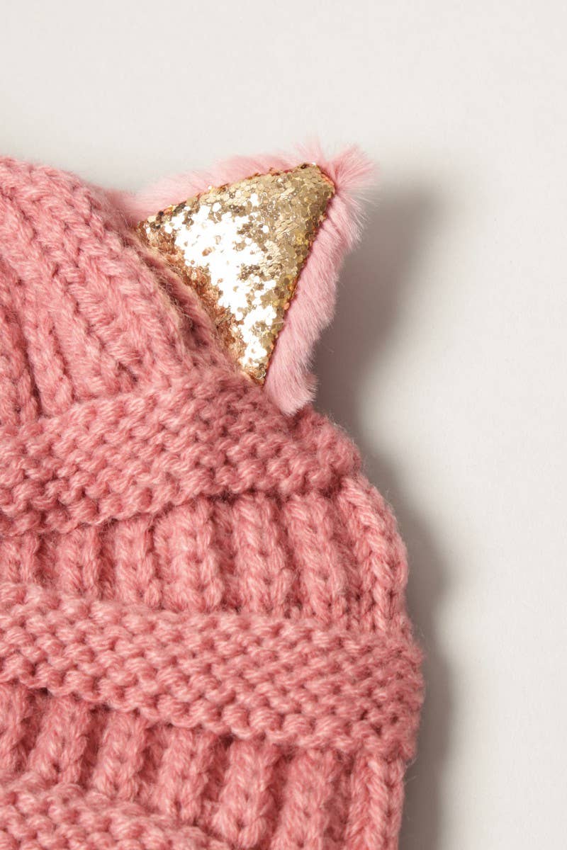 Kids Cat Twinkle Ear Winter Beanie Hat: DUST PINK / ONE SIZE