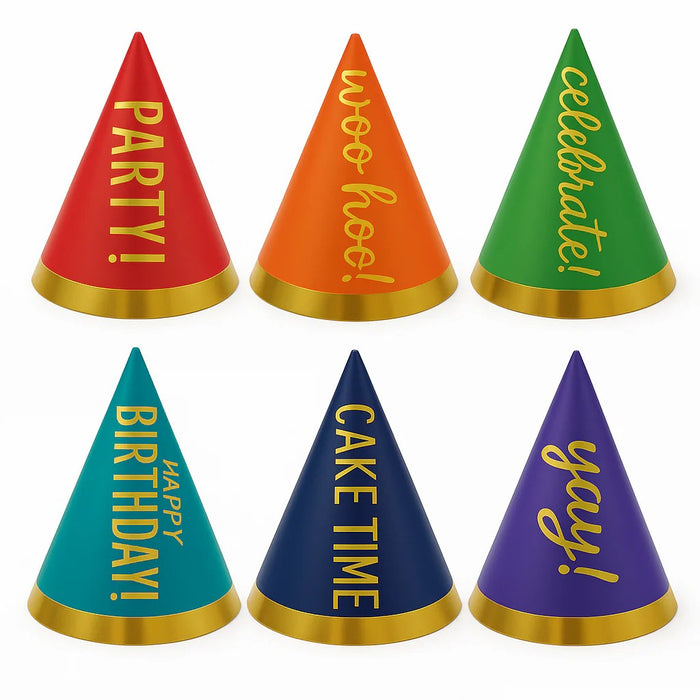 Mini Gold & Rainbow Cone Party Hats - 12 Pack