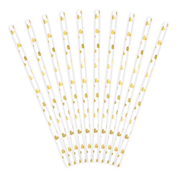 Gold and White Heart Straws 10CT
