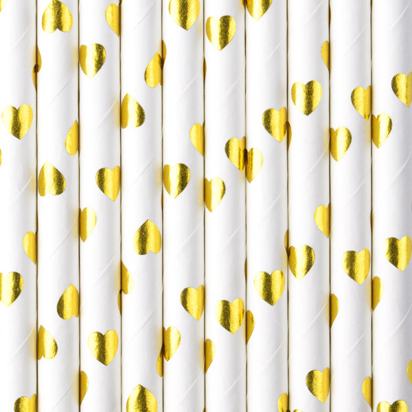 Gold and White Heart Straws 10CT