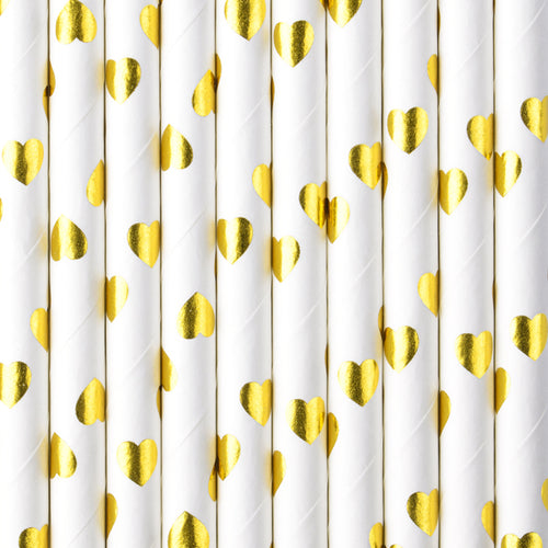 Gold and White Heart Straws 10CT