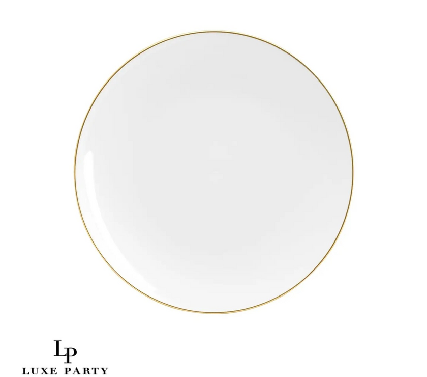 White Plastic Dinner Plates with Gold Trim 10CT