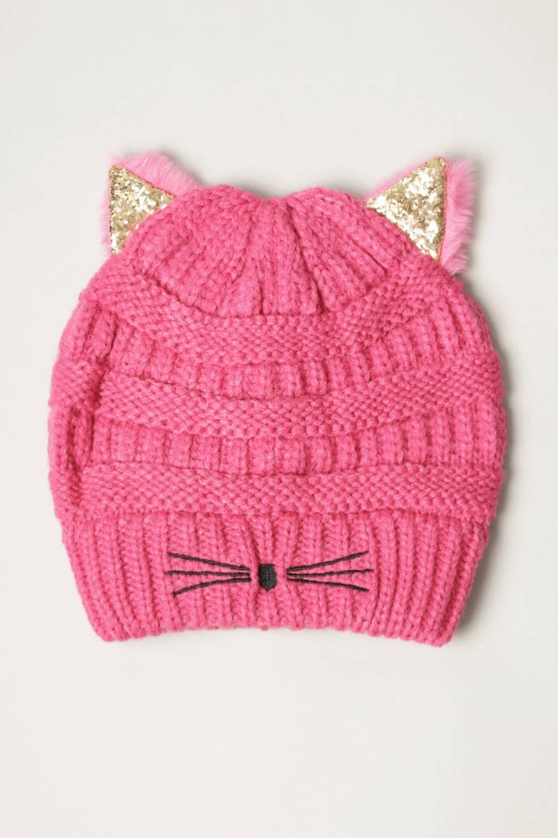 Kids Cat Twinkle Ear Winter Beanie Hat: HOT PINK / ONE SIZE