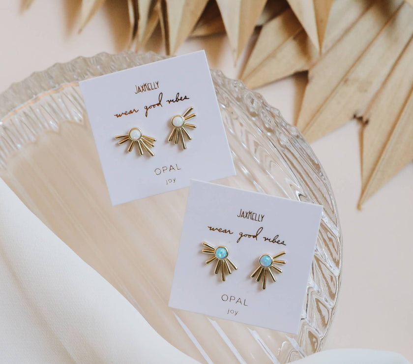 Sun Ray - White Opal - Gold Earrings
