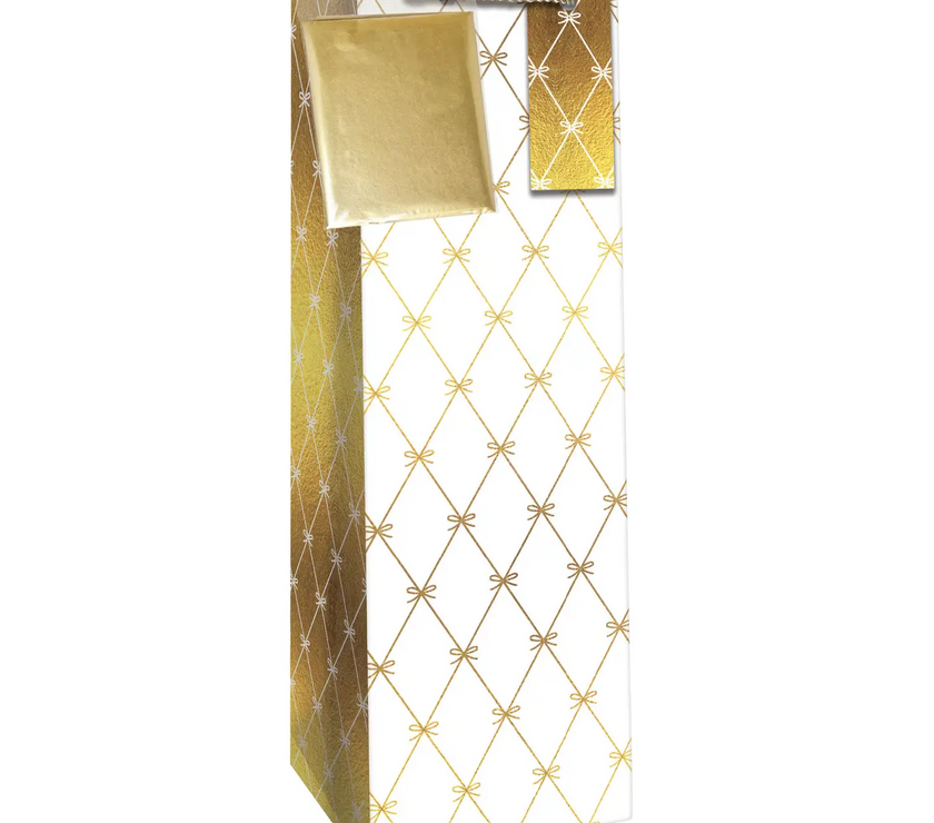 Gold & White Bow Bottle Bag w/Tissue