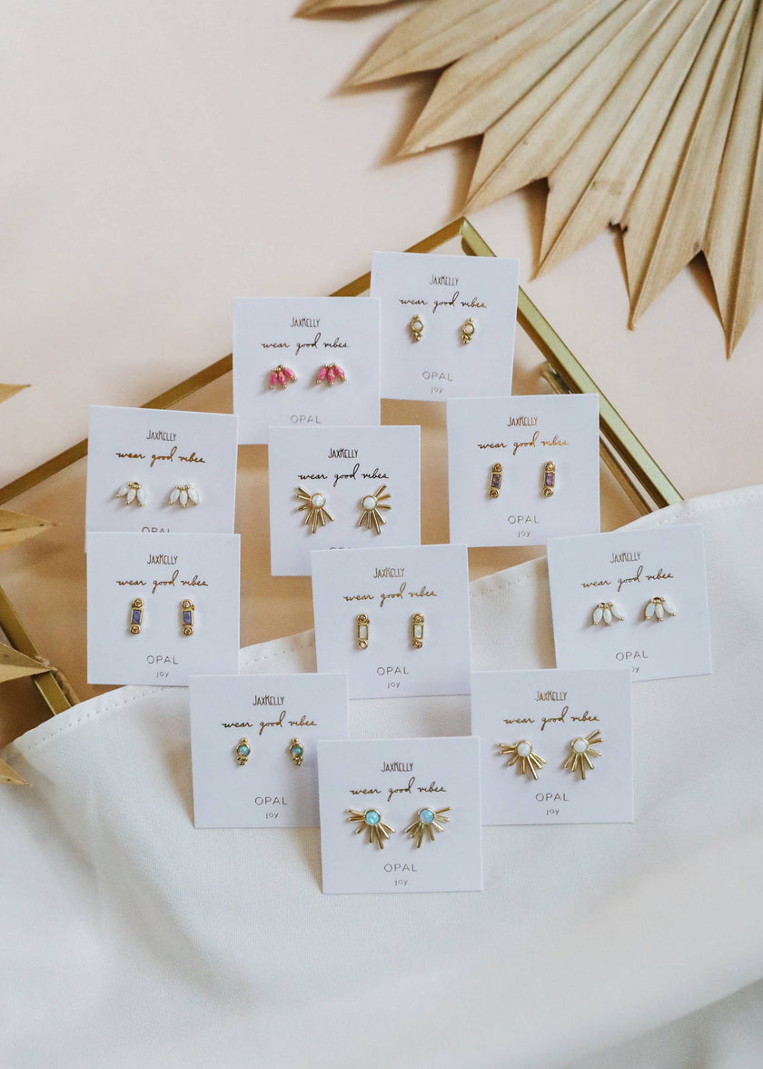 Sun Ray - White Opal - Gold Earrings