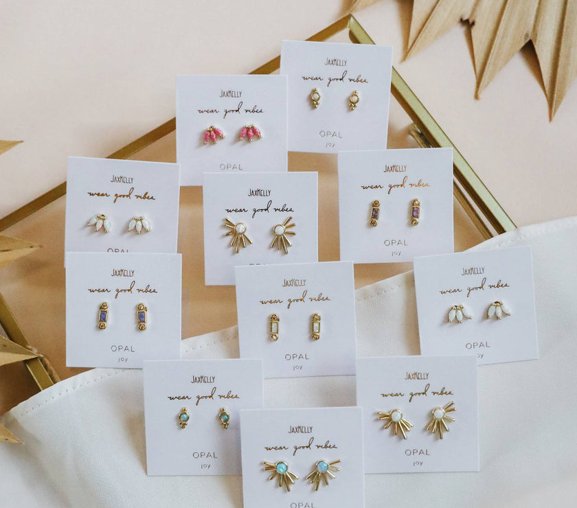 Sun Ray - White Opal - Gold Earrings