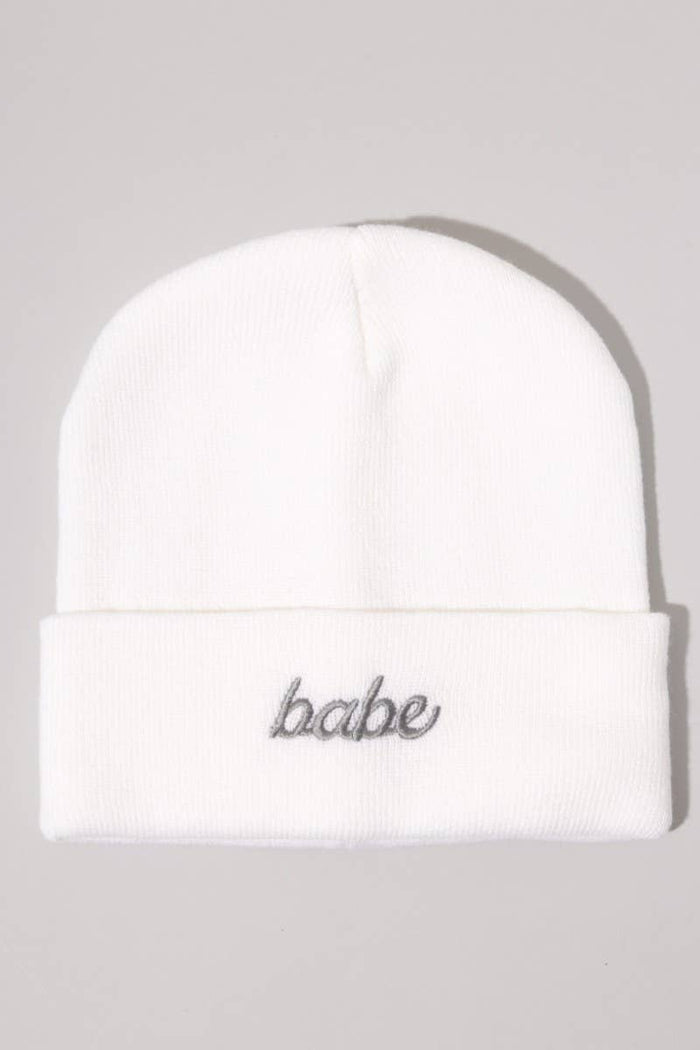 Babe Embroidery White Solid Cuffed Beanie