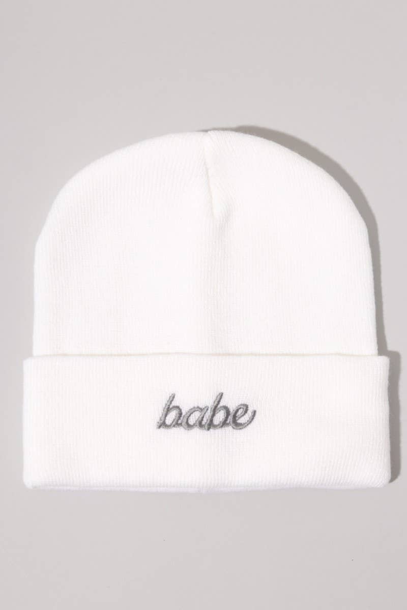 Babe Embroidery White Solid Cuffed Beanie