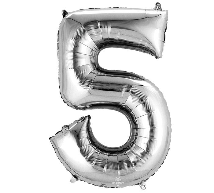 Number 5 Silver 33" Mylar Balloon