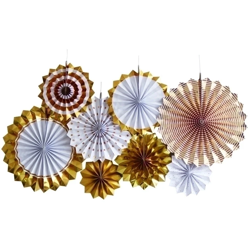 Gold and White Paper Fans - 8 Piece Set