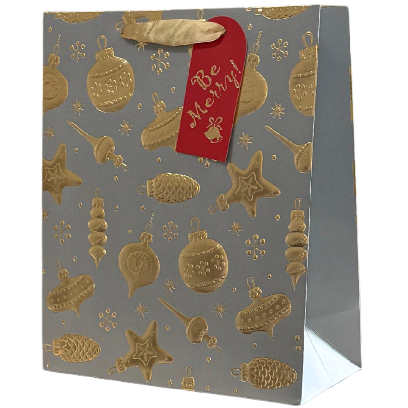 Gray and Gold Embossed Christmas Ornament Medium Gift Bag