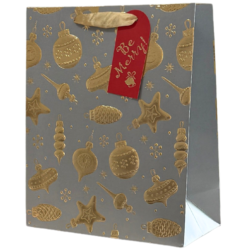 Gray and Gold Embossed Christmas Ornament Medium Gift Bag