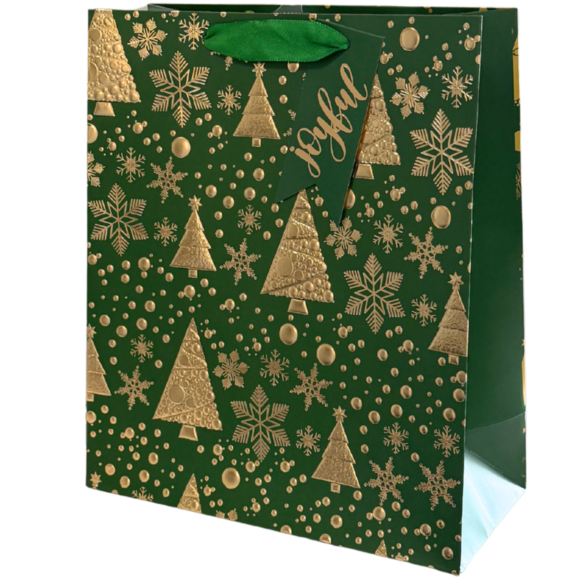Green and Gold Embossed Christmas Tree Medium Gift Bag