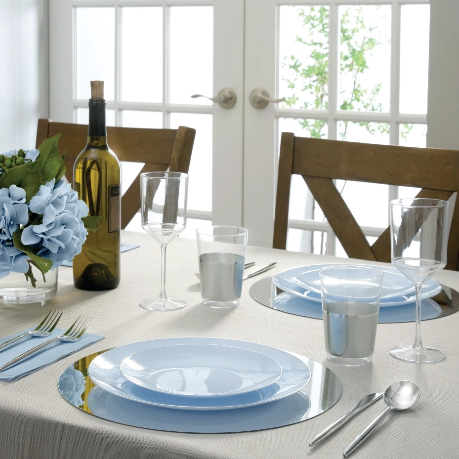 Ice Blue Plastic Dinner Plates with Gold Trim 10CT