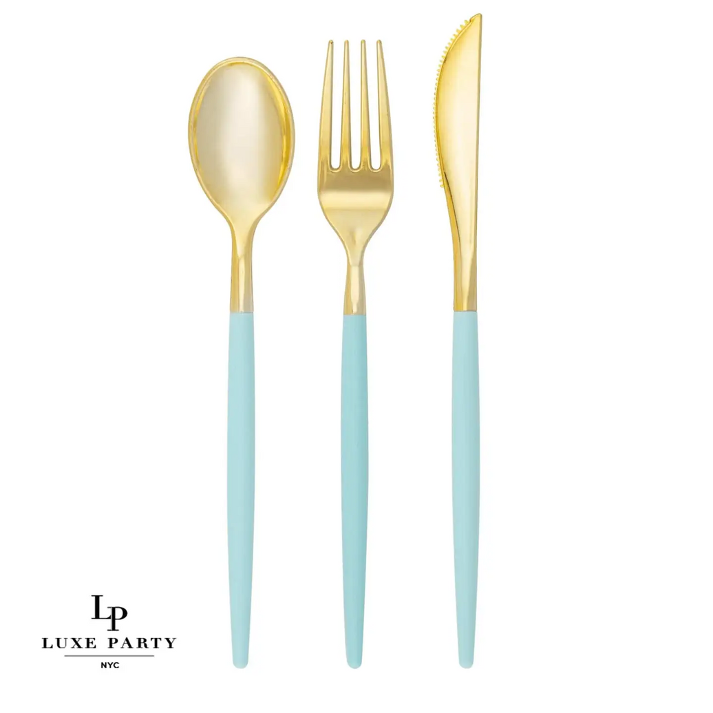 Mint Green and Gold Premium Plastic Cutlery Set - 32 Pieces