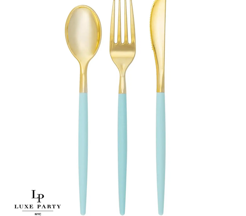 Mint Green and Gold Premium Plastic Cutlery Set - 32 Pieces