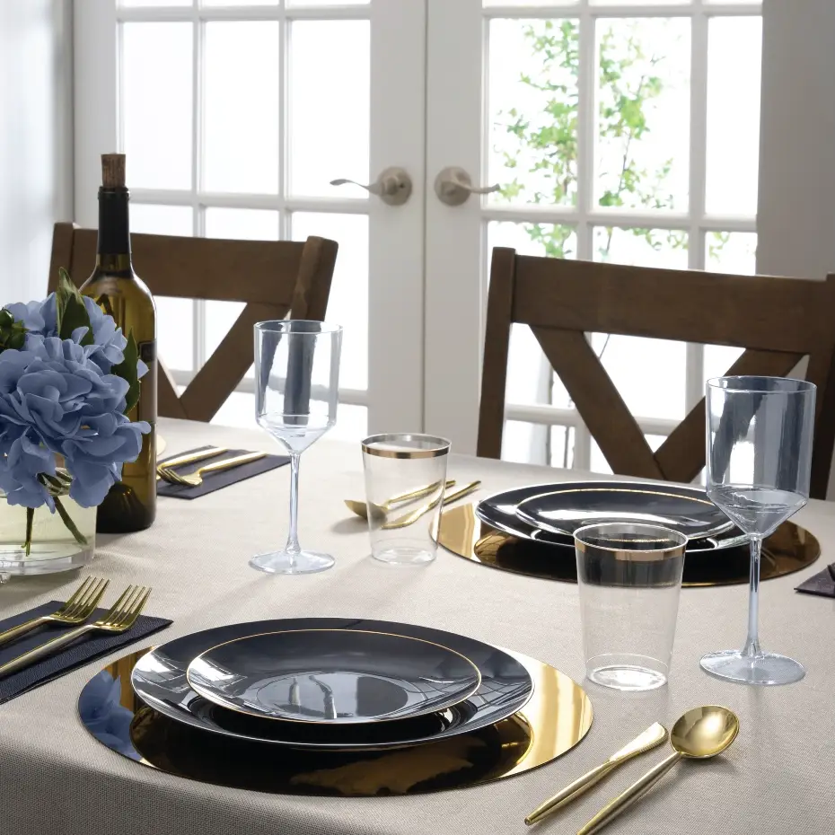 Navy Blue Plastic Dinner Plates with Gold Trim 10CT