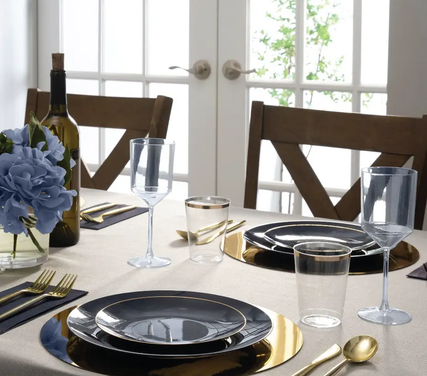 Navy Blue Plastic Dinner Plates with Gold Trim 10CT
