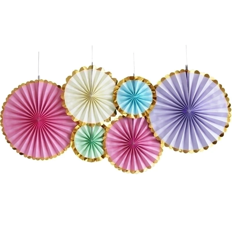 Pastel with Gold Trim Paper Fans - 6 Pieces