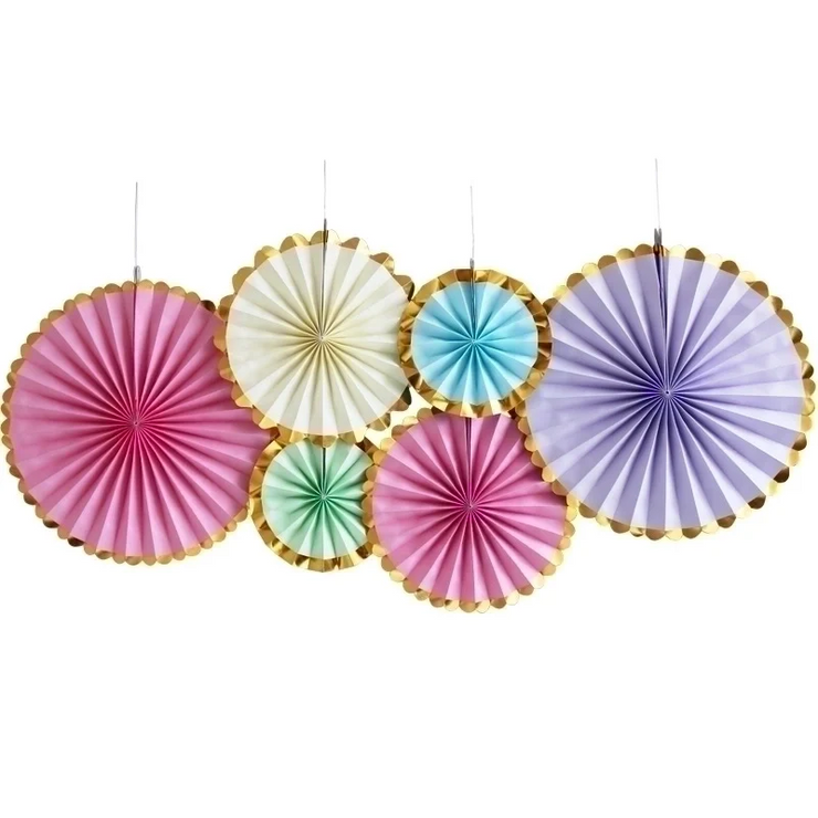 Pastel with Gold Trim Paper Fans - 6 Pieces