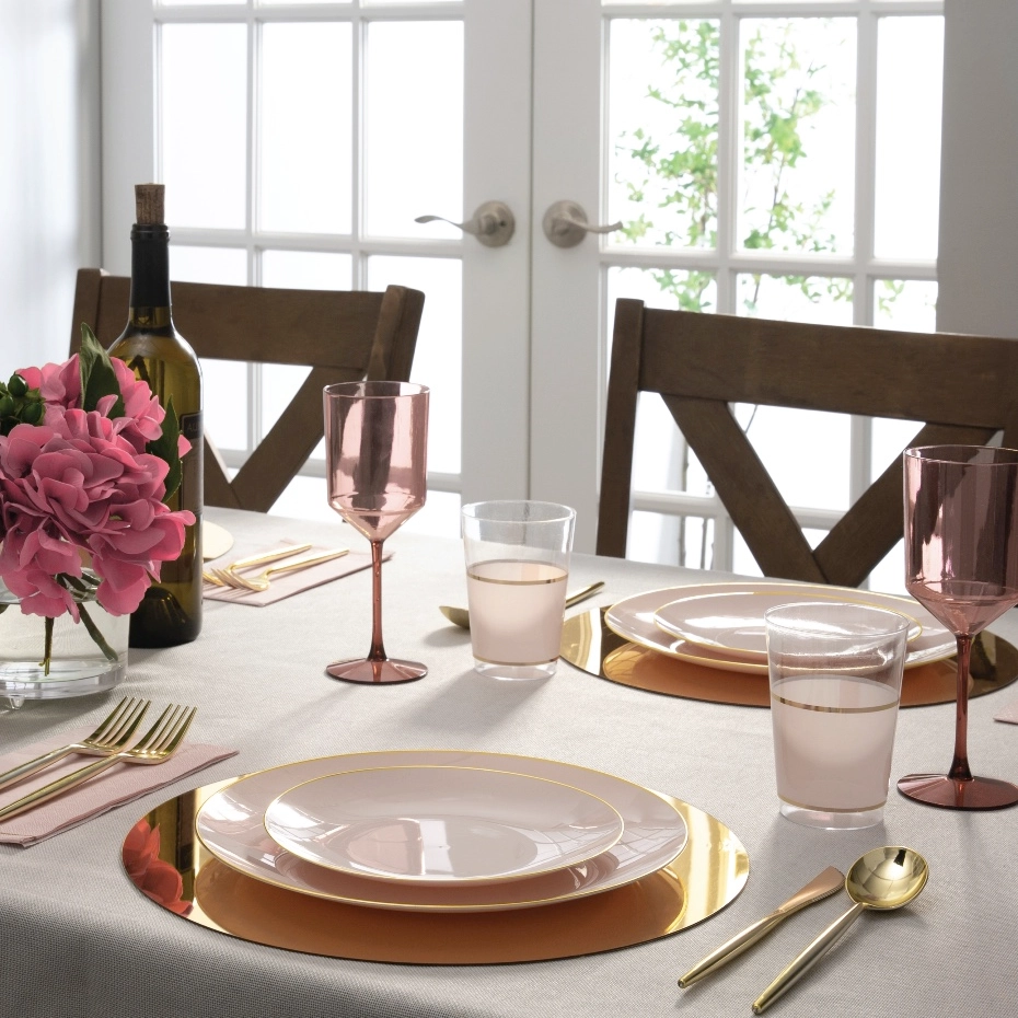 Blush Pink Plastic Dinner Plates with Gold Trim 10CT