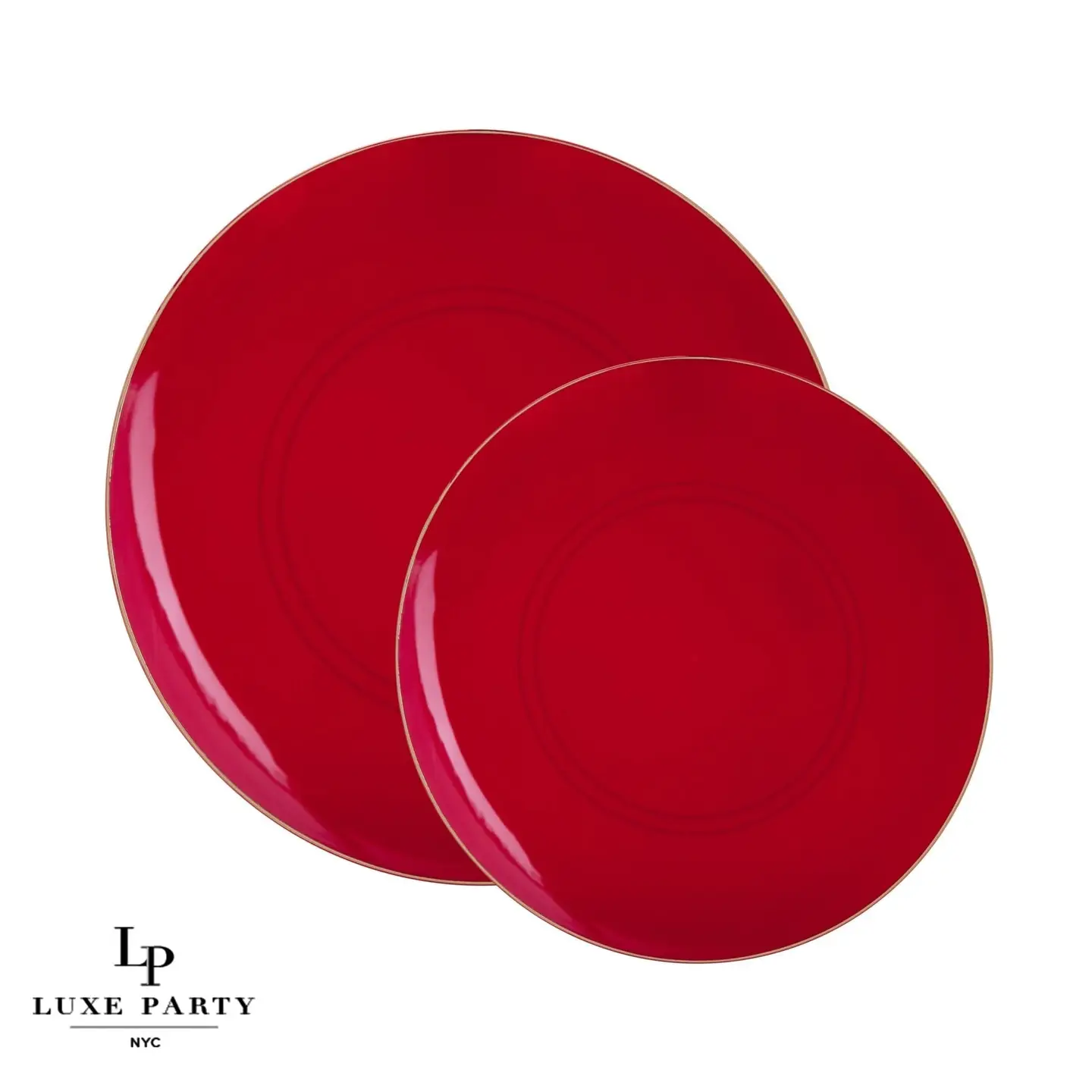 Red Plastic Dinner Plates with Gold Trim 10CT