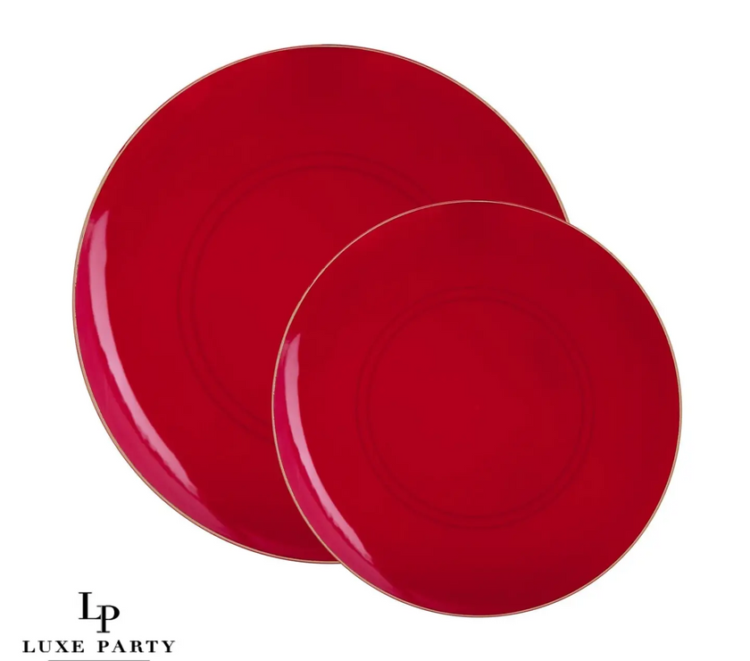 Red Plastic Appetizer Plates with Gold Trim 10CT