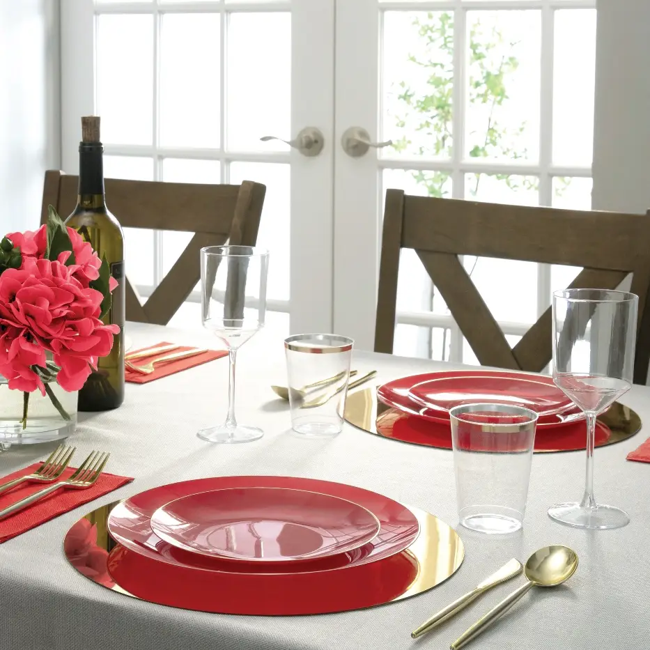 Red Plastic Dinner Plates with Gold Trim 10CT
