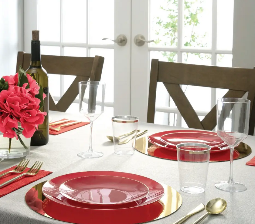 Red Plastic Appetizer Plates with Gold Trim 10CT