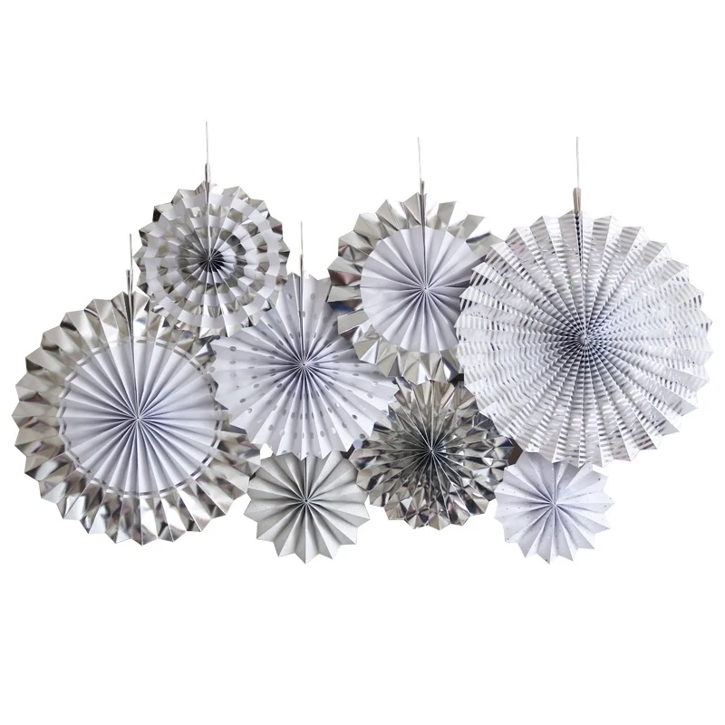 Silver and White Paper Fans - 8 Pieces