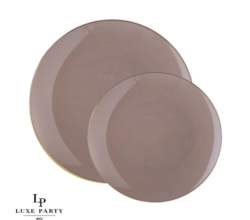 Taupe Plastic Dinner Plates with Gold Trim 10CT
