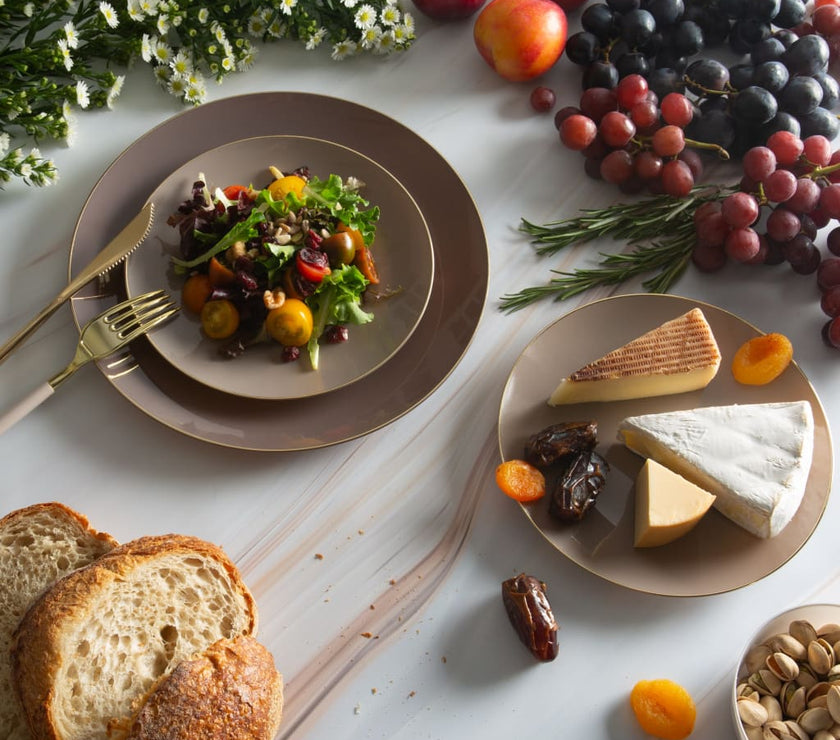 Taupe Plastic Dinner Plates with Gold Trim 10CT