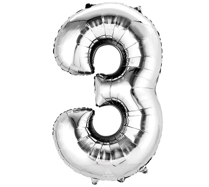 Number 3 Silver 34" Mylar Balloon