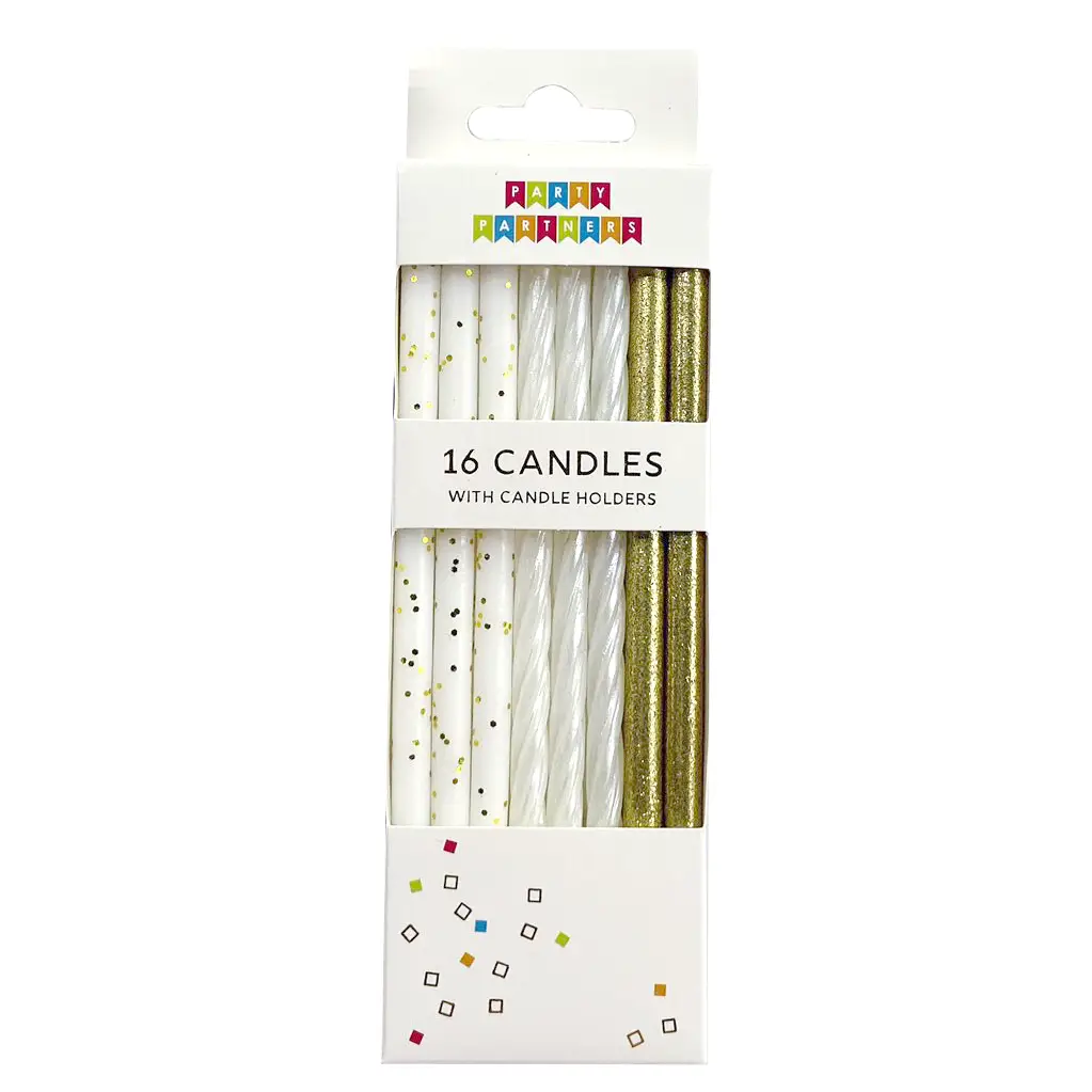 White and Gold Glitter Candles 16CT