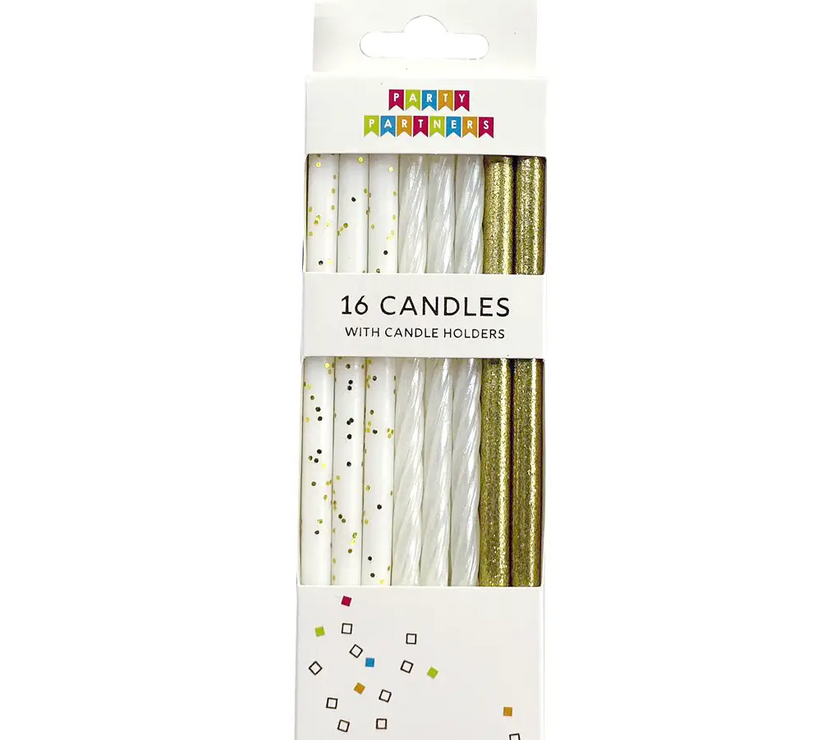 White and Gold Glitter Candles 16CT